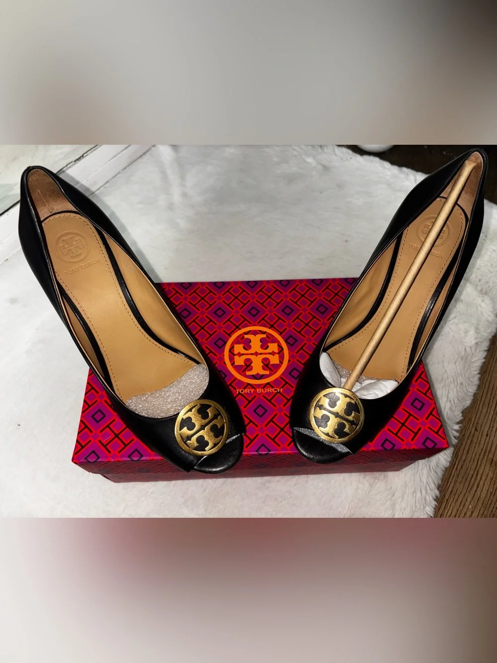 Tory Burch Black Leather Peep-Toe heels with Gold Logo Disc